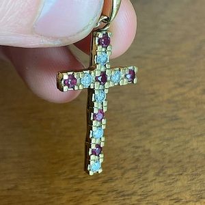 14k YellowGold Diamond Ruby Cross Necklace + chain